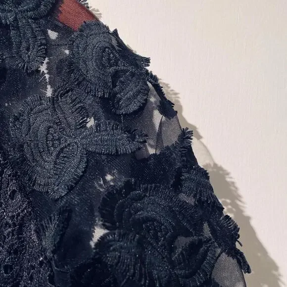 Black Lace Crochet 3/4 Sleeve Top Large Designer Comme made in USA - Picture 5 of 6